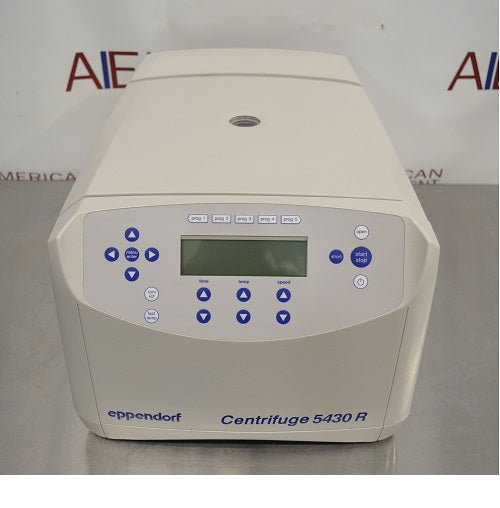 Front perspective view of Eppendorf 5430 R refrigerated benchtop centrifuge with closed lid featuring keypad control panel