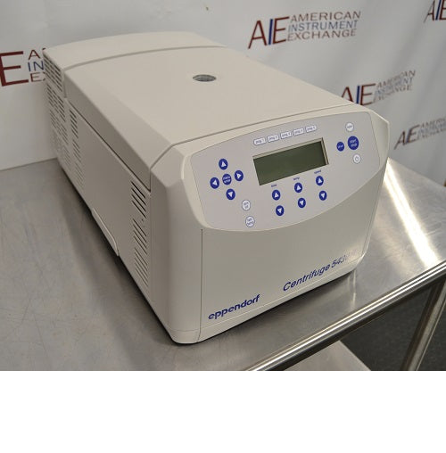 Right angled perspective view of Eppendorf 5430 R refrigerated benchtop centrifuge with closed lid on stainless steel table featuring keypad control panel