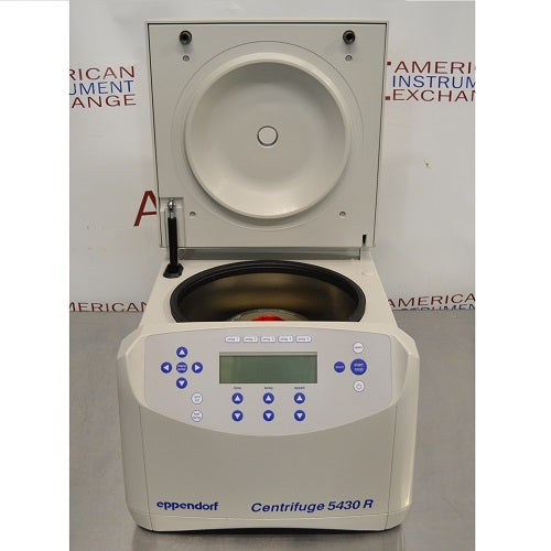Front perspective view of Eppendorf 5430 R refrigerated benchtop centrifuge with open lid featuring keypad control panel