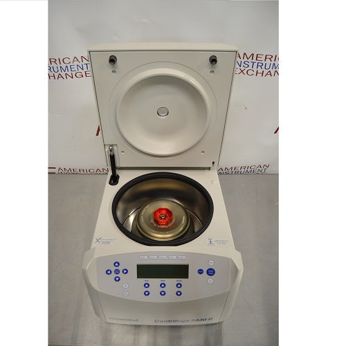 Front perspective view of Eppendorf 5430 R refrigerated benchtop centrifuge with open lid showing installed rotor and keypad control panel