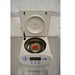 Front perspective view of Eppendorf 5430 R refrigerated benchtop centrifuge with open lid showing installed rotor and keypad control panel