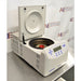 Right angled perspective view of Eppendorf 5430 R refrigerated benchtop centrifuge with open lid on stainless steel table showing installed rotor and keypad control panel