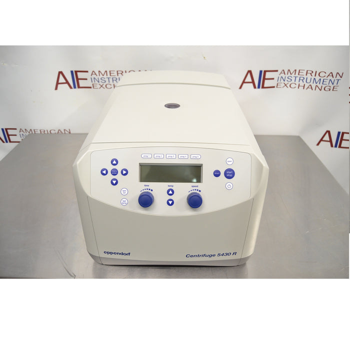 Front perspective view of Eppendorf 5430 R refrigerated microcentrifuge with closed lid and digital control panel
