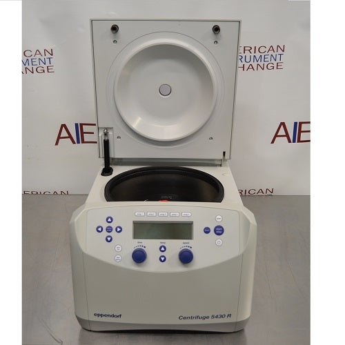Front perspective view of Eppendorf 5430 R refrigerated microcentrifuge with open lid showing rotor chamber and front control panel