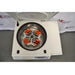 Top-down view of an open Eppendorf 5810 R centrifuge showing the stainless steel bowl with an installed A-4-62 swing-bucket rotor holding orange tube adapters