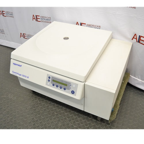 Right-side perspective view of an Eppendorf 5810 R refrigerated centrifuge with closed lid highlighting the side housing extension and front control interface