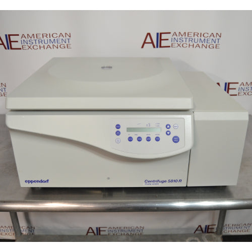 Front product view of an Eppendorf 5810R refrigerated benchtop centrifuge, highlighting its off-white housing, closed lid, integrated digital control panel with tactile buttons, and branding on the front panel