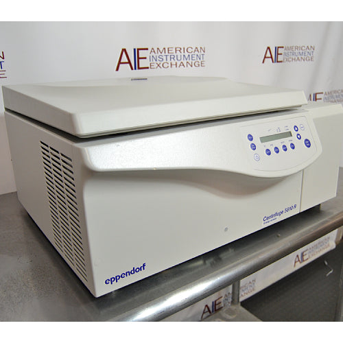 Three-quarter angle product view of an Eppendorf 5810R refrigerated benchtop centrifuge, showcasing its side ventilation louvers, off-white exterior housing, closed lid, and integrated digital control interface