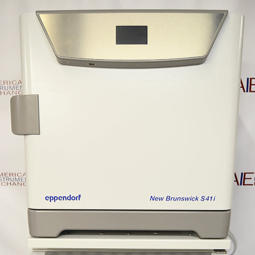 Front product view of an Eppendorf New Brunswick S41i CO2 incubator with integrated shaker, featuring a white-and-gray exterior, top digital control display panel, side latch handle, and brand logos on a workbench