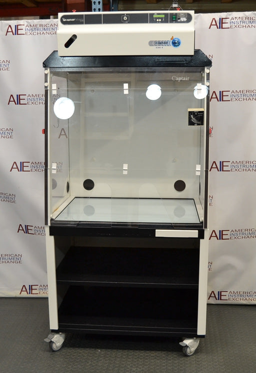 Front eye-level view of an Erlab Captair XL1044 ductless fume hood mounted on a mobile wheeled storage stand, showcasing its clear containment enclosure, top-mounted filtration housing, and control console
