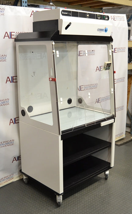 Right angled perspective view of an Erlab Captair XL1044 ductless fume hood on a mobile locking stand, showing its clear side and front panels, upper filtration control unit, and lower storage shelves