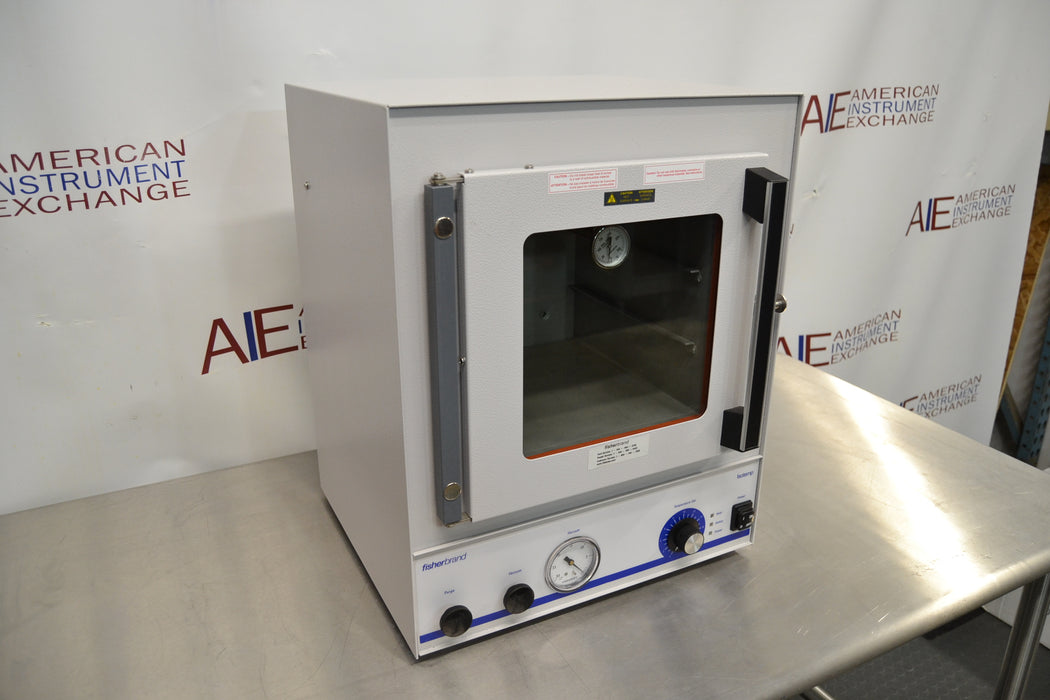 Angled perspective view of a Fisher vacuum oven model 281A showing its right side panel, latch handle, and front control setup on a stainless steel surface