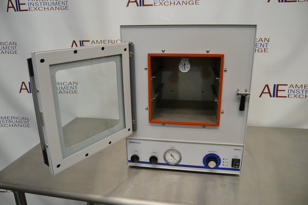 Front eye-level view of a Fisher vacuum oven model 281A with its heavy-duty glass door swung open, revealing the internal chamber gasket, shelving rails, and the lower control console