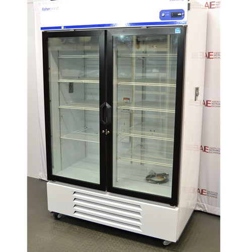 Angled perspective view of Fisherbrand Isotemp double glass door laboratory refrigerator showing white side cabinet, front glass doors, control panel, and bottom caster wheels