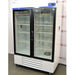 Angled perspective view of Fisherbrand Isotemp double glass door laboratory refrigerator showing white side cabinet, front glass doors, control panel, and bottom caster wheels