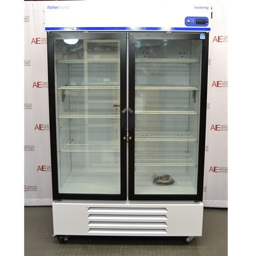 Front view of Fisherbrand Isotemp double glass door laboratory refrigerator showing top digital control panel, double glass doors with interior wire shelves, and bottom ventilated base on casters