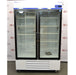 Front view of Fisherbrand Isotemp double glass door laboratory refrigerator showing top digital control panel, double glass doors with interior wire shelves, and bottom ventilated base on casters