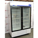 Left angled perspective view of Fisherbrand Isotemp double glass door laboratory refrigerator displaying side panel, glass front doors, digital readout screen, and bottom ventilation panel