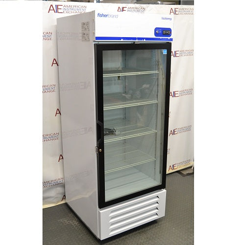 Left angled perspective view of Fisherbrand Isotemp glass door laboratory refrigerator showing internal wire shelves and digital control panel