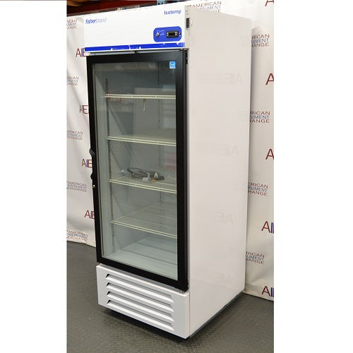 Right angled perspective view of Fisherbrand Isotemp glass door laboratory refrigerator showing internal wire shelves and digital control panel