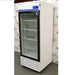 Right angled perspective view of Fisherbrand Isotemp glass door laboratory refrigerator showing internal wire shelves and digital control panel