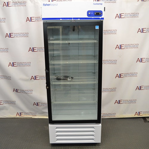 Front perspective view of Fisherbrand Isotemp glass door laboratory refrigerator showing internal wire shelves and digital control panel