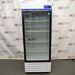 Front perspective view of Fisherbrand Isotemp glass door laboratory refrigerator showing internal wire shelves and digital control panel