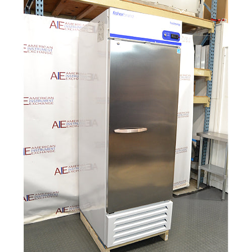 Angled perspective view of a Fisherbrand Isotemp laboratory refrigerator showcasing its stainless steel door, side panel, and top digital control module