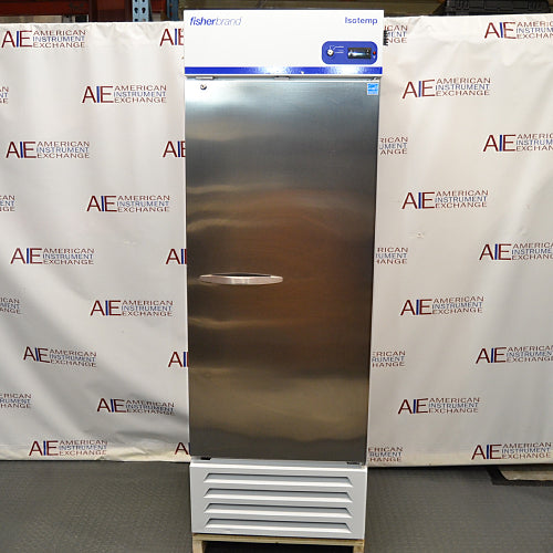 Front eye-level view of a Fisherbrand Isotemp laboratory refrigerator featuring a stainless steel solid door, horizontal handle, and a top-mounted digital control panel