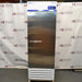 Front eye-level view of a Fisherbrand Isotemp laboratory refrigerator featuring a stainless steel solid door, horizontal handle, and a top-mounted digital control panel