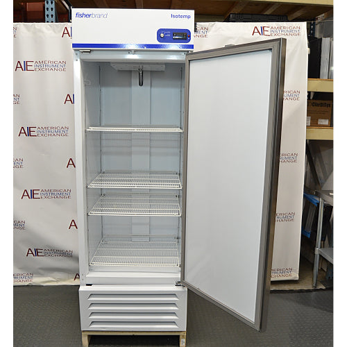 Front open-door view of a Fisherbrand Isotemp laboratory refrigerator revealing the interior wire shelves and thick insulated door seal