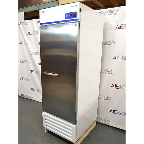 Right angled perspective view of a Fisherbrand Isotemp laboratory refrigerator highlighting its right side panel, stainless steel door, and top control housing
