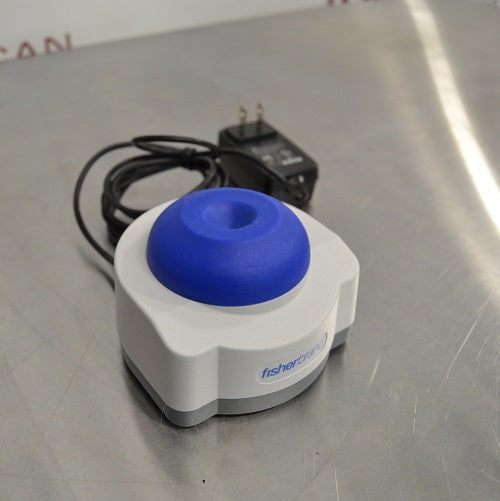 Angled perspective view of Fisherbrand mini vortex mixer showing blue rubber top, compact base, and power supply cord