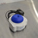 Angled perspective view of Fisherbrand mini vortex mixer showing blue rubber top, compact base, and power supply cord