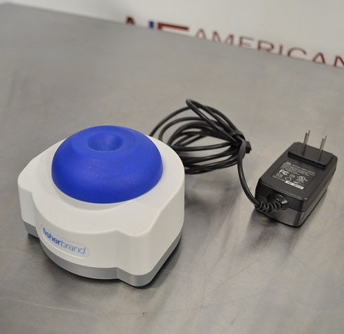 Left angled perspective view of Fisherbrand mini vortex mixer with blue rubber cup, compact housing, and power adapter