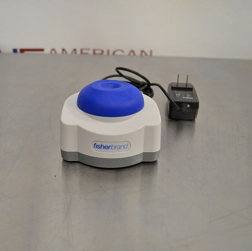 Fisherbrand mini vortex mixer with blue mixing cup head, compact white body, and connected power adapter