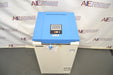 Top-down view of a Hirayama HV-50II vertical autoclave demo unit with its lid closed, highlighting the blue top panel featuring the digital display interface, front control lever, pressure gauge, and white cabinet body