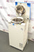 Front angled perspective view of a Hirayama HV-50II vertical autoclave demo unit with its top lid open, showcasing the stainless steel chamber, white cabinet body, control panel, pressure gauge, and exhaust bottle container