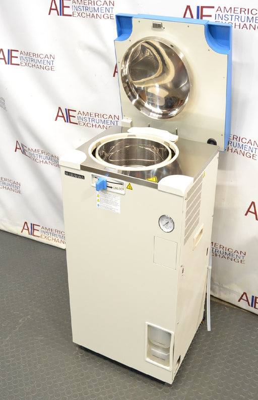 Front angled perspective view of a Hirayama HV-50II vertical autoclave demo unit with its top lid open, showcasing the stainless steel chamber, white cabinet body, control panel, pressure gauge, and exhaust bottle container