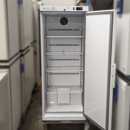 Front view of a K2 Scientific K210SDR high-performance laboratory refrigerator with its door open, showcasing the white interior lining, multiple wire shelves, internal ventilation fan, and magnetic door gasket