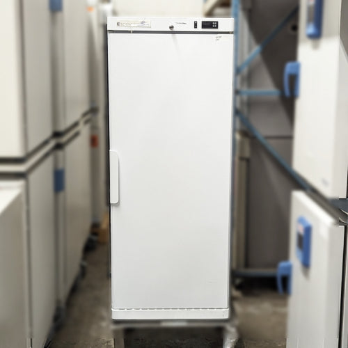 Front product view of a K2 Scientific K210SDR high-performance laboratory refrigerator, featuring a white upright cabinet, vertical side handle, keyed lock, and digital top control panel