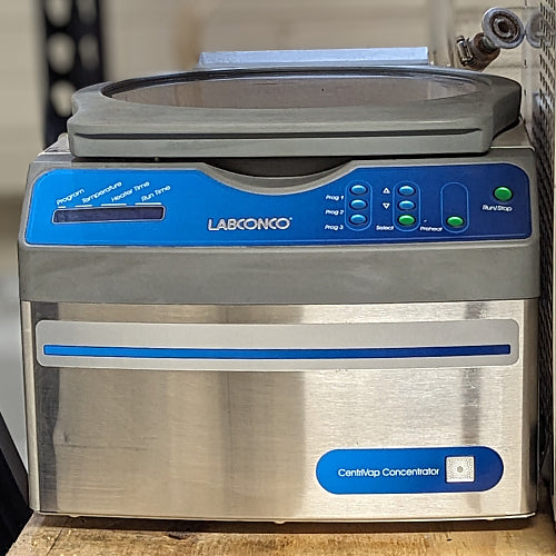 Front angle product view of a Labconco CentriVap centrifugal vacuum concentrator, showcasing its stainless steel lower housing, blue and grey top control panel with digital display and buttons, and clear-topped lid