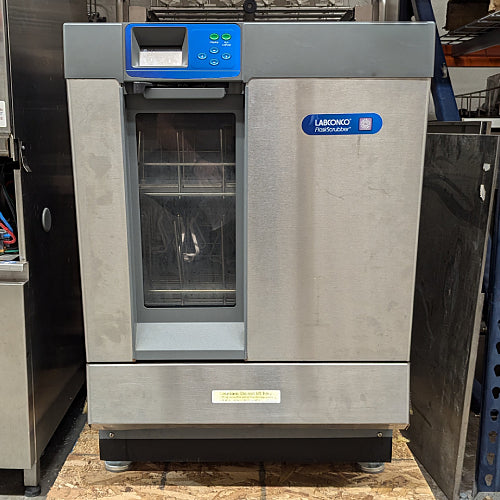 Front product view of a Labconco FlaskScrubber 4420330 laboratory glassware washer, highlighting its stainless steel housing, blue control panel with a digital display, viewing window, and lower access panel