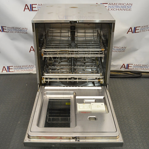Front eye-level view of a Labconco Freestanding Glassware Washer (Model 4420430) with its door fully open down, revealing dual internal stainless steel wire racks, the central water distribution column, and the interior door panel with built-in detergent and additive compartments