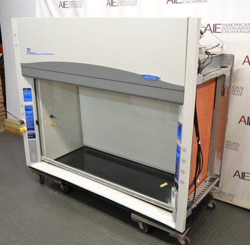 Angled perspective view of a Labconco Protector Premier laboratory fume hood highlighting its right side panel wiring, black interior work base, and front fascia