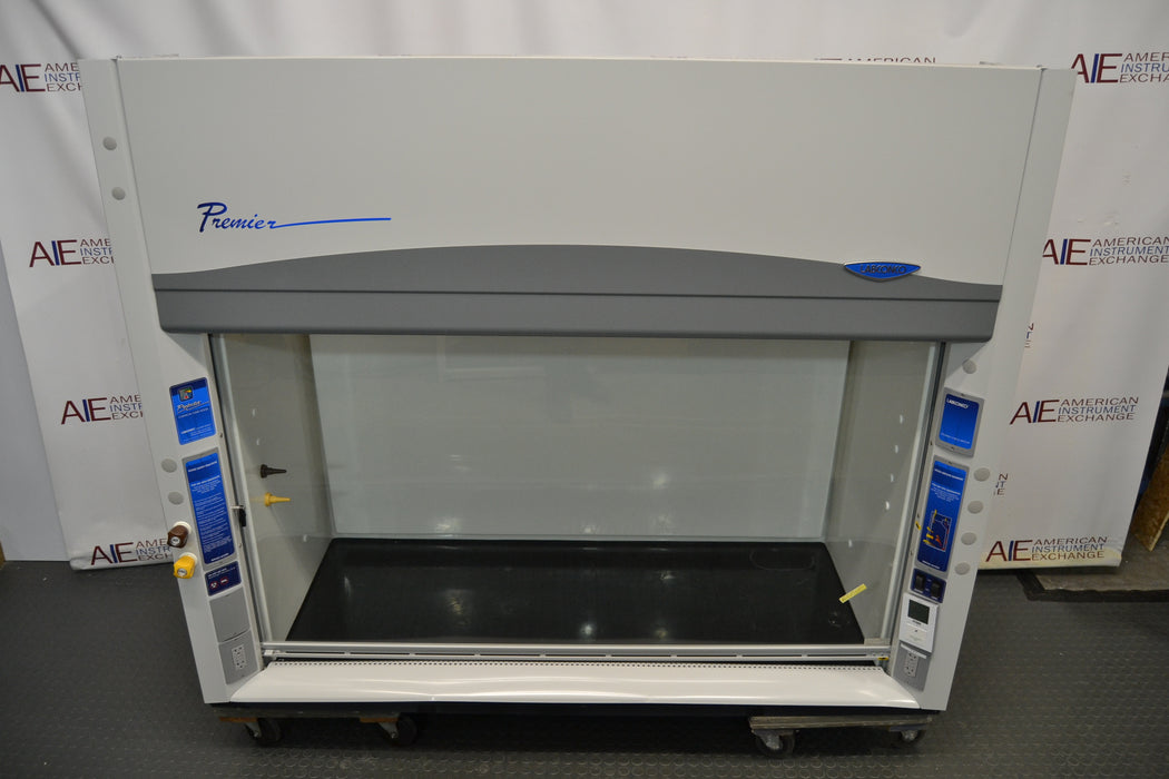Front eye-level view of a Labconco Protector Premier laboratory fume hood featuring a black work surface, clear side panels, and top control fascia