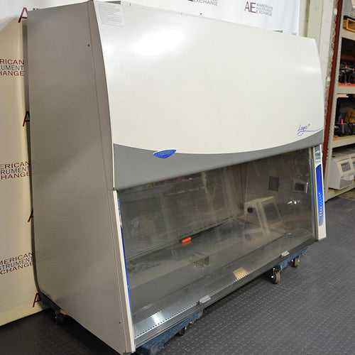 Left angled perspective view of a Labconco Purifier Logic+ biosafety cabinet on a rolling platform displaying the side panel, front glass sash, and upper control housing