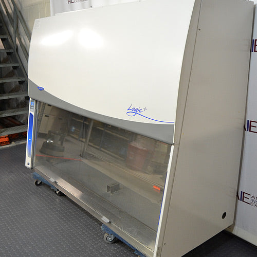 Right angled perspective view of a Labconco Purifier Logic+ biosafety cabinet on a rolling platform displaying the side panel, front glass sash, and upper control housing