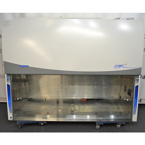 Front eye-level view of a Labconco Purifier Logic+ biosafety cabinet featuring a large front glass sash, stainless steel work area, and upper control housing