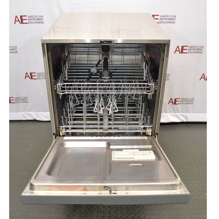 Front view of open Labconco SteamScrubber Glassware Washer model 4400420 displaying interior stainless steel washing chamber with upper and lower wire racks